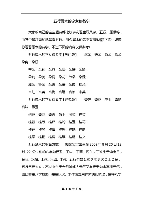 五行属木的字女孩名字