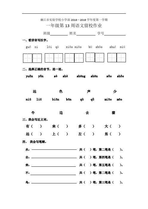广东省廉江市实验学校2018-2019学年一年级上学期第13周留校作业语文试题(人教部编版)