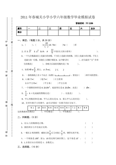 2011年春城关小学小学六年级数学毕业模拟试卷