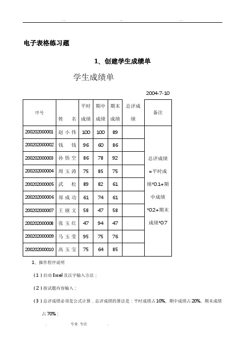 Excel表格练习试题