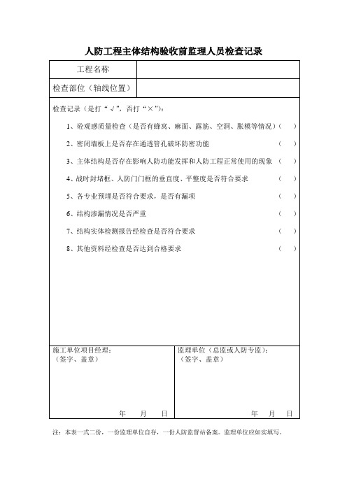 人防工程主体结构验收前监理人员检查记录录