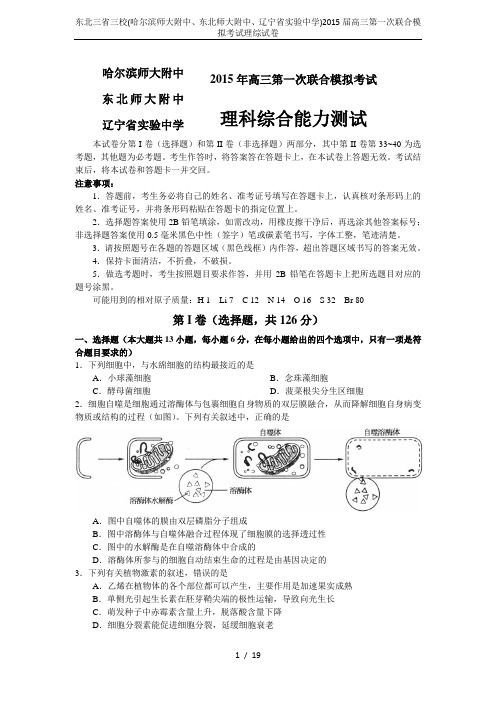 东北三省三校(哈尔滨师大附中、东北师大附中、辽宁省实验中学)2015届高三第一次联合模拟考试理综试卷