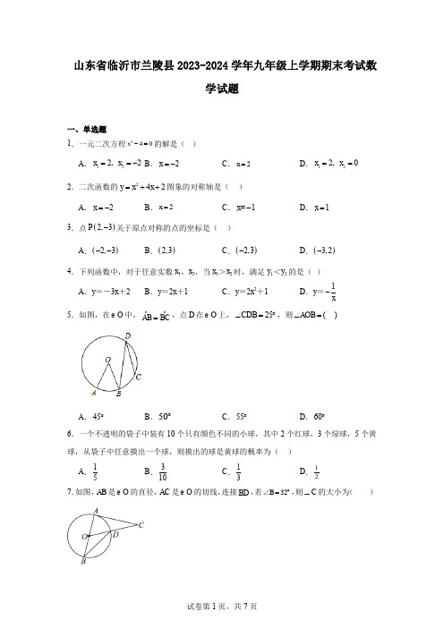 山东省临沂市兰陵县2023-2024学年九年级上学期期末考试数学试题