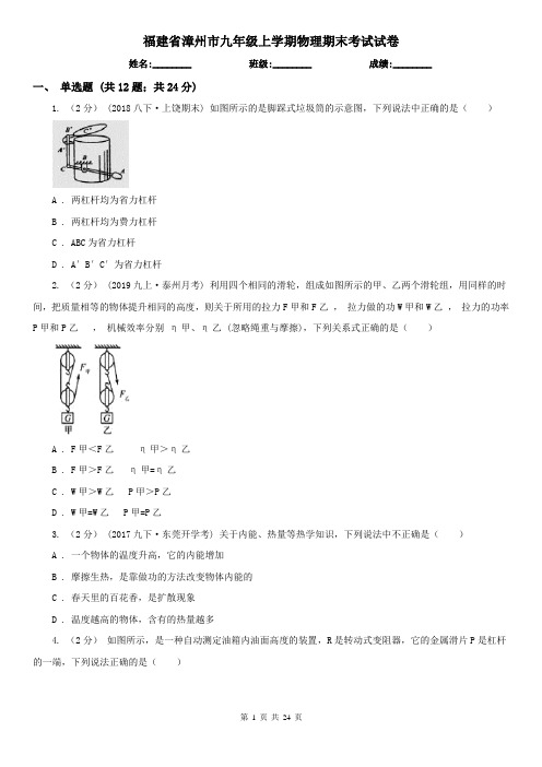 福建省漳州市九年级上学期物理期末考试试卷