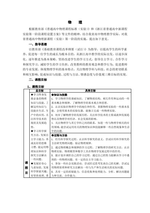 普通高中物理课程标准《浙江省普通高中新课程物理实验第一阶段课程设置方案》