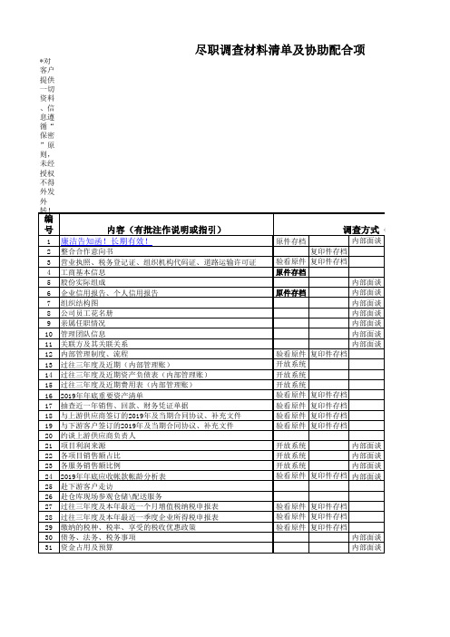 尽职调查材料清单及配合事项