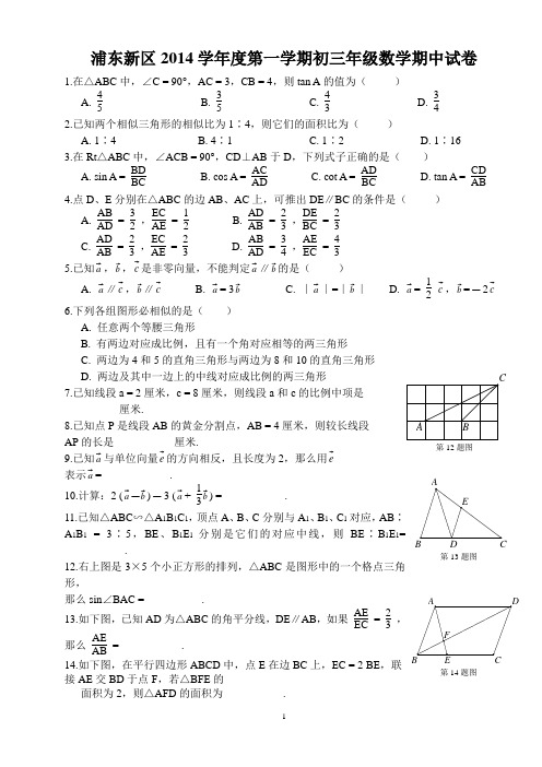 上海市浦东新区2014-2015学年度初三年级第一学期期中数学试卷(含答案)