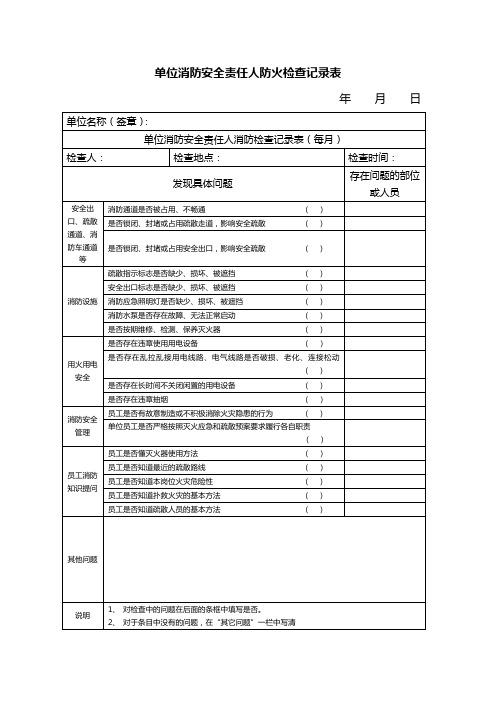 单位消防安全责任人防火检查记录表