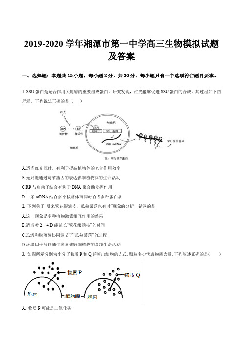 2019-2020学年湘潭市第一中学高三生物模拟试题及答案