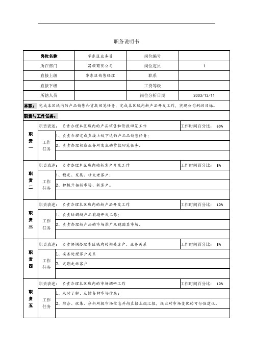 北大纵横-新丰化纤项目组华东区业务员职务说明书