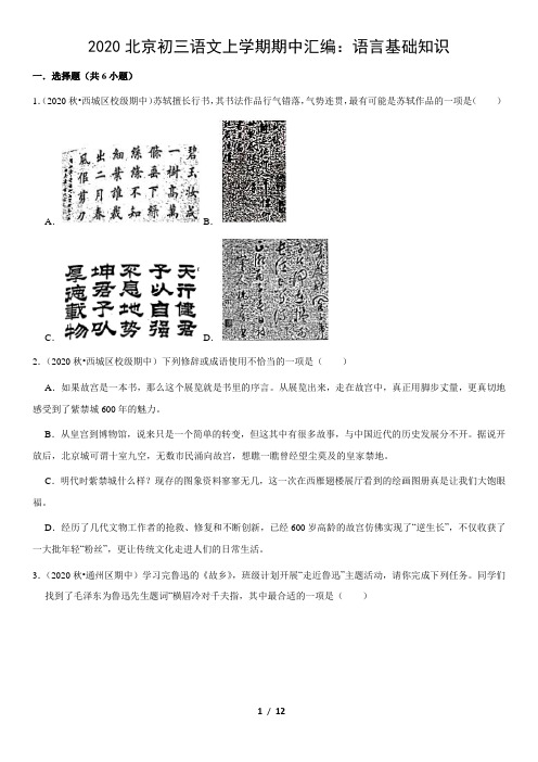 北京市各地2020—2021九年级上学期期中考试语文分类汇编：语言基础知识