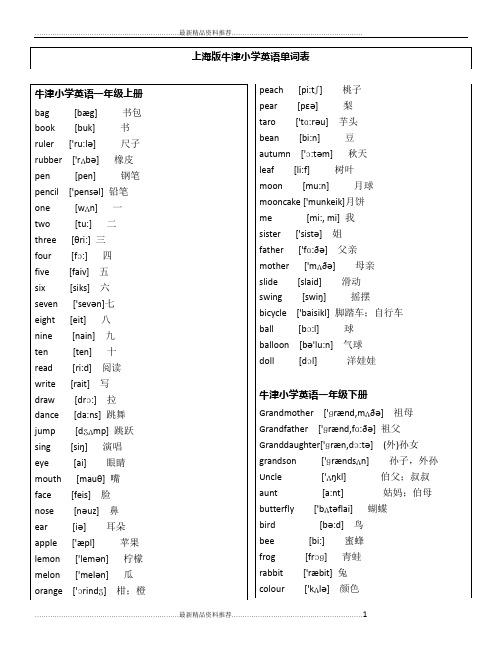 最新上海版小学英语牛津词汇表(带音标)