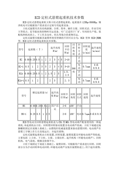 BZD定柱式悬臂起重机技术参数