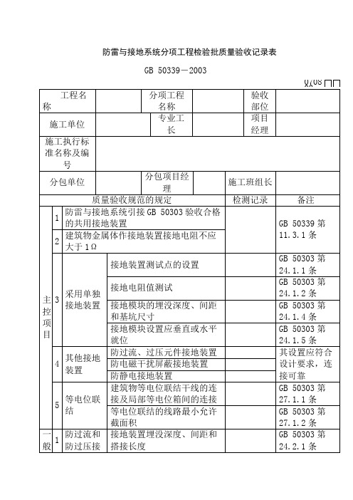 防雷与接地系统分项工程检验批质量验收记录表