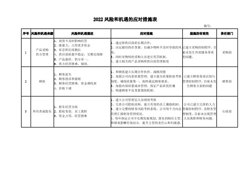 风险和机遇的应对措施表-2022