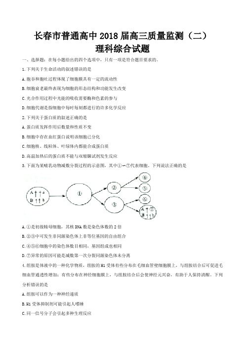 2018年吉林省长春市高三质量监测(二)理科综合试题及答案