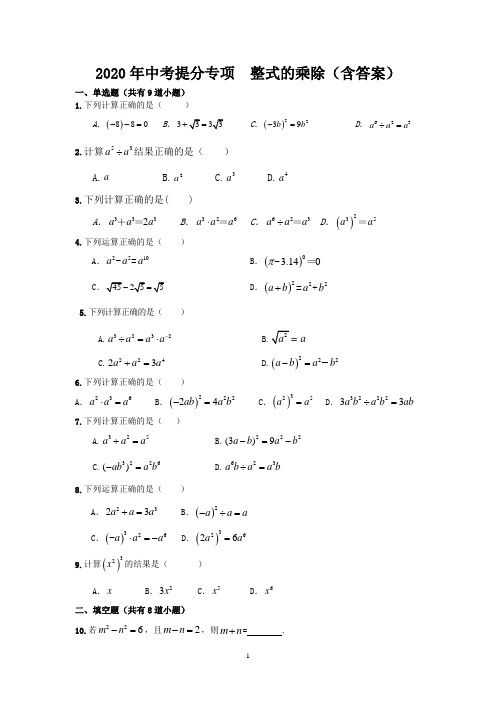 初中数学 中考提分专项  整式的乘除(含答案)