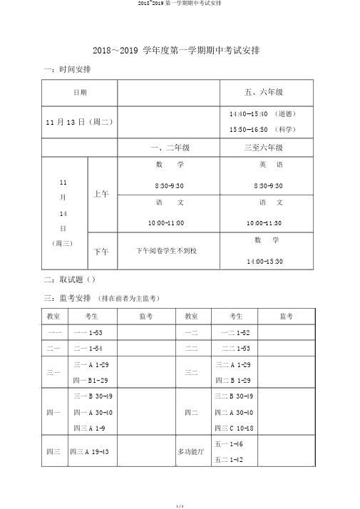 2018~2019第一学期期中考试安排