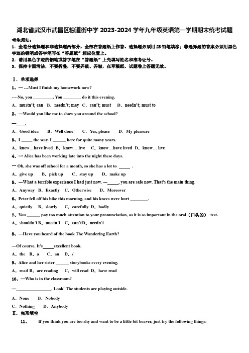 湖北省武汉市武昌区粮道街中学2023-2024学年九年级英语第一学期期末统考试题含解析