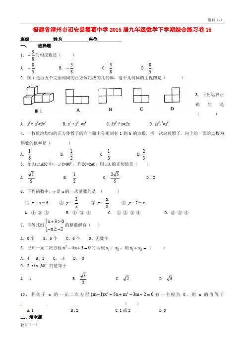 (精品-1)福建省漳州市诏安县霞葛中学2015届九年级数学下学期综合练习卷15(无答案) 北师大版