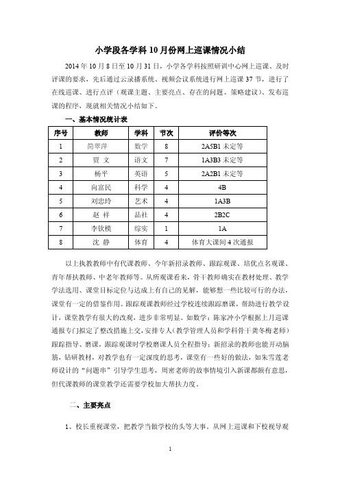 小学段各学科10月份网上巡课情况小结