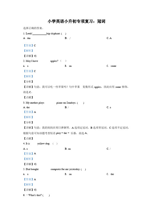 通用版英语六年级下册小升初专项训练：冠词