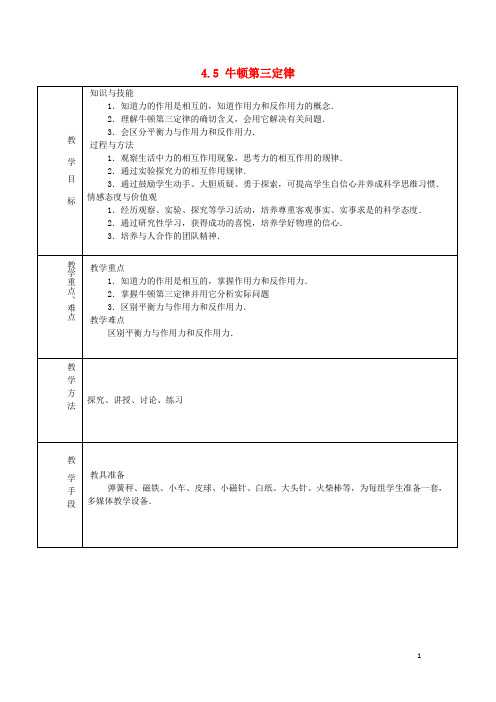 高中物理 第4章 4.5 牛顿第三定律教案 新人教版必修1