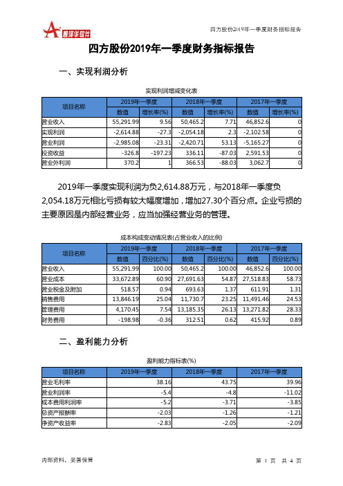 四方股份2019年一季度财务指标报告