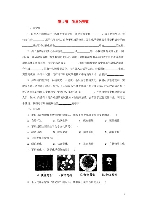 九年级科学上册第1章物质及其变化1.1物质的变化同步练习(新版)浙教版