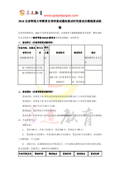 2018北京师范大学教育史考研复试通知复试时间复试分数线复试经验