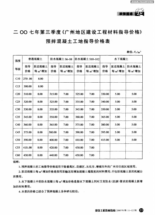 二○○七年第三季度《广州地区建设工程材料指导价格》预拌混凝土工地指导价格表