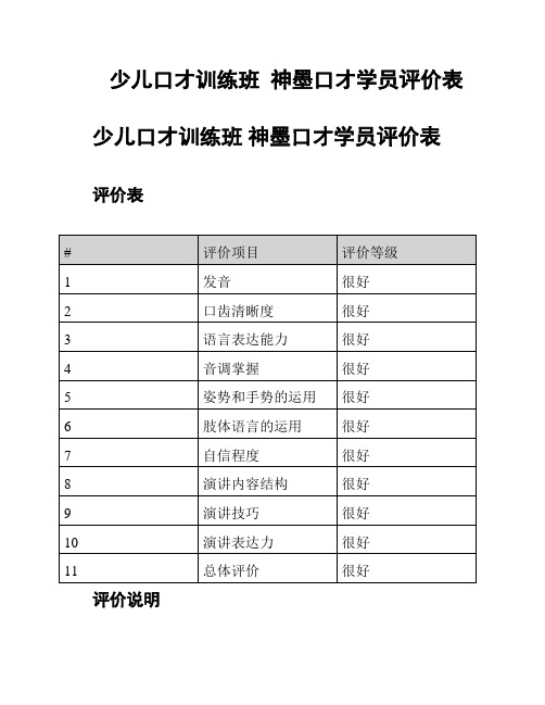 少儿口才训练班  神墨口才学员评价表