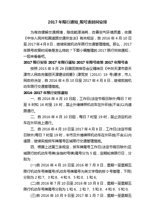 2017年限行通知_限号表时间安排