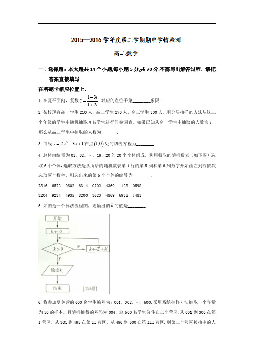 江苏省如东高级中学2015-2016学年高二下学期期中考试数学试题 Word版含答案