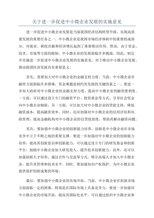 关于进一步促进中小微企业发展的实施意见