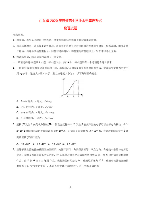 山东省2020年普通高中学业水平等级考试物理试题及答案