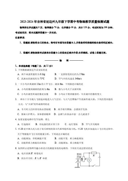 2023-2024年吉林省延边州九年级下册中考物理教学质量检测试题(附答案)