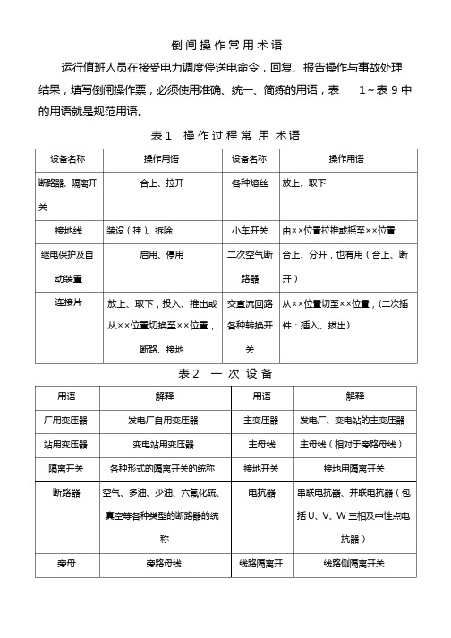 倒闸操作常用术语