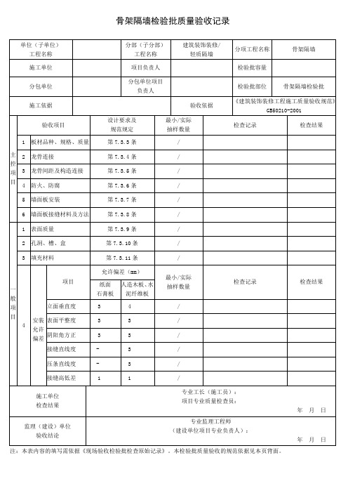 骨架隔墙检验批质量验收记录