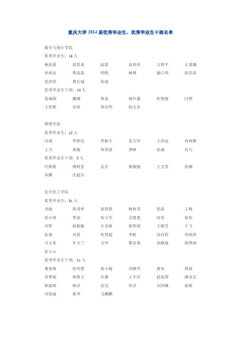 重庆大学2014届优秀毕业生、优秀毕业生干部名单