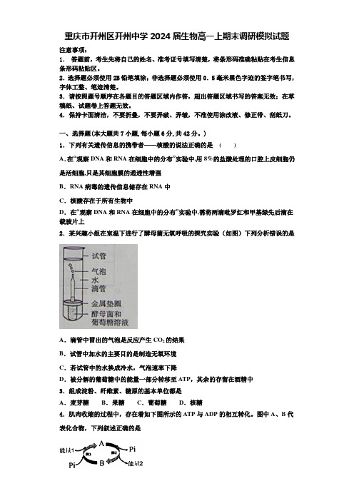 重庆市开州区开州中学2024届生物高一上期末调研模拟试题含解析