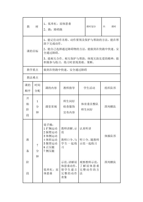 中小学低单杠屈体悬垂教案