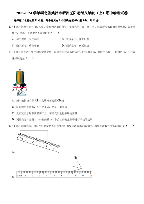 湖北省武汉市新洲区阳逻街2023-2024学年八年级上学期期中物理试卷(含解析)