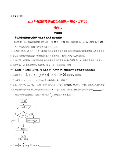 2017年普通高等学校招生全国统一考试数学试题(江苏卷,含答案)