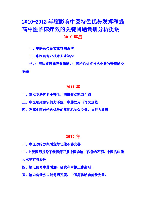 中医医院2010-2012年度影响中医特色优势发挥和提高中医临床疗效的关键问题调研分析提纲
