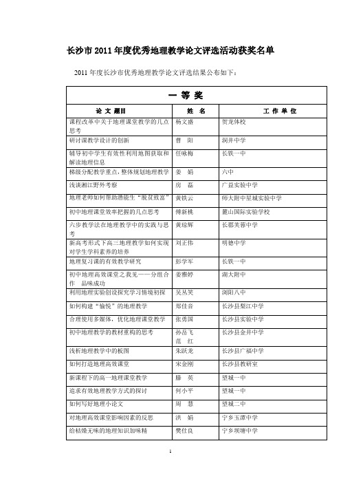 长沙市2011年度优秀地理教学论文评选活动获奖名单