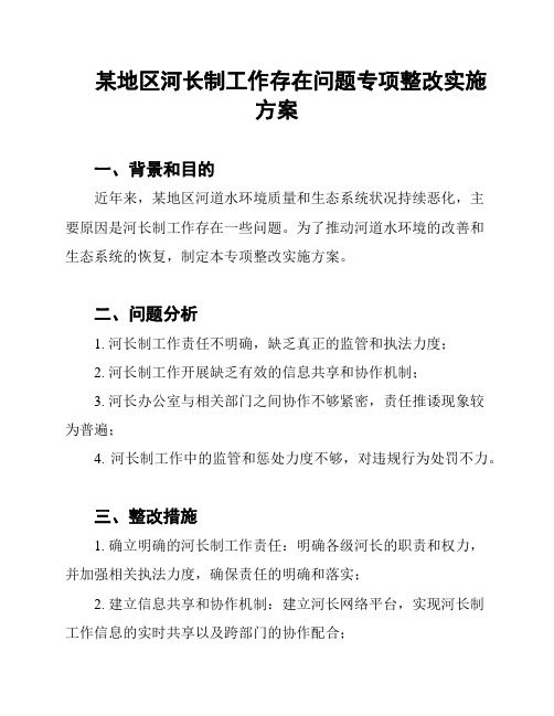 某地区河长制工作存在问题专项整改实施方案