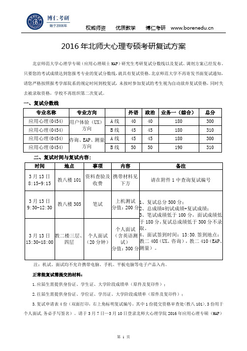 2016年北师大心理专硕考研复试方案