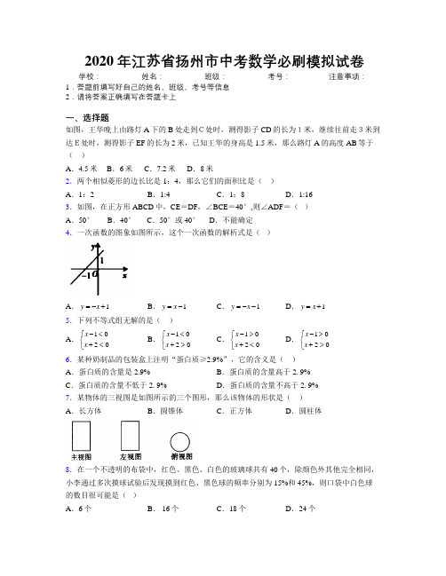 2020年江苏省扬州市中考数学必刷模拟试卷附解析