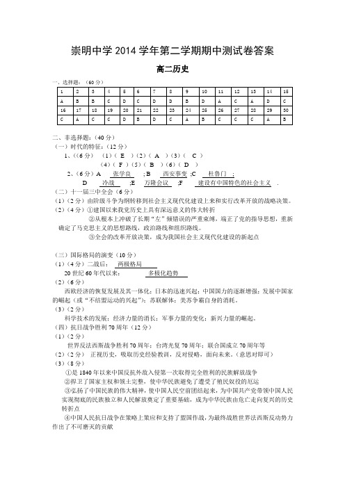 崇明中学2014学年第二学期期中测试卷答案